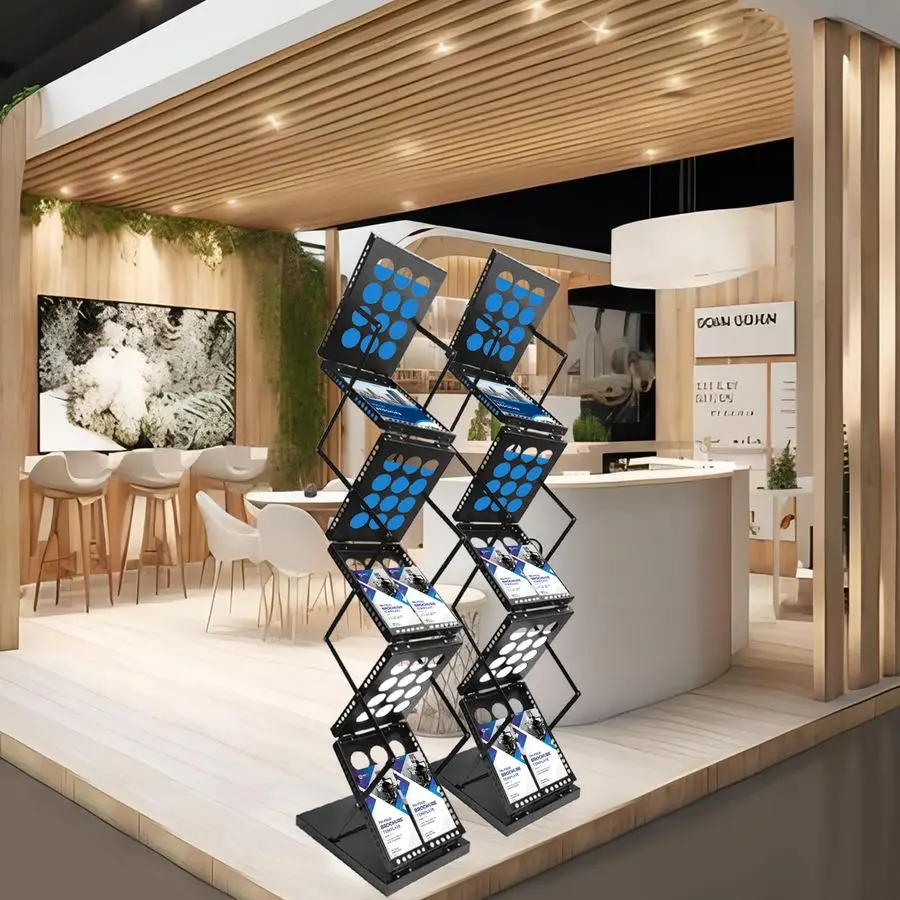 Rak Buku, 6 Kantong Rak Brosur Logam Berdiri di Lantai Rak Majalah Rak Display Brosur Dua Sisi