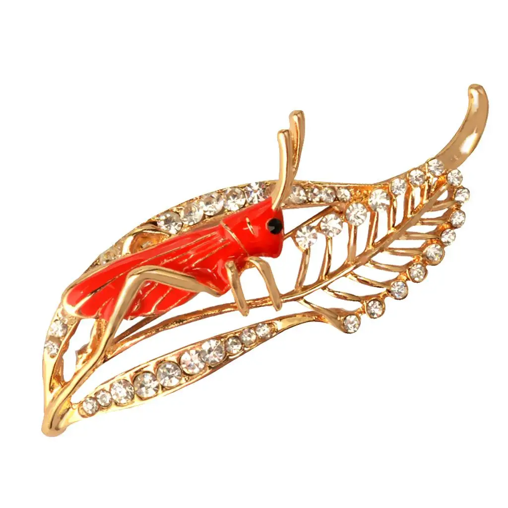 2-6pack Chic Crystal Rhinestone Leaf Grasshopper Locust Cricket Pin Brooch Red