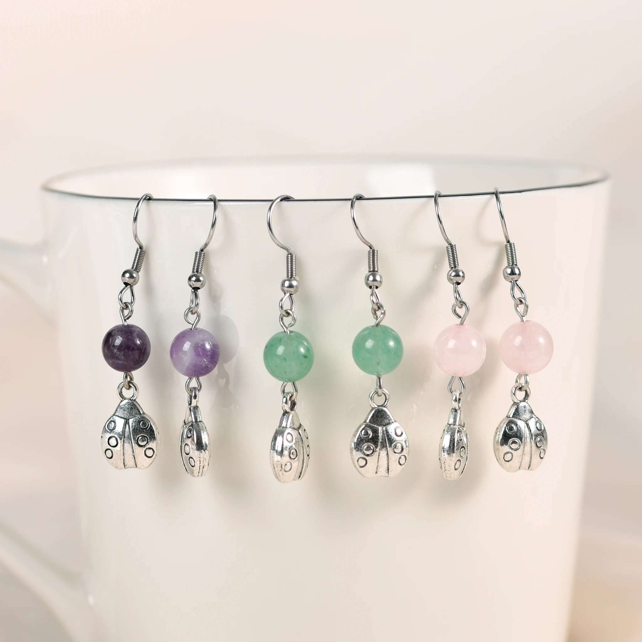 Ladybug Charm Crystal Natural Stone Dangle Earrings Women's Earrings DIY Creative Accessories Jewelry Birthday Festival Gift