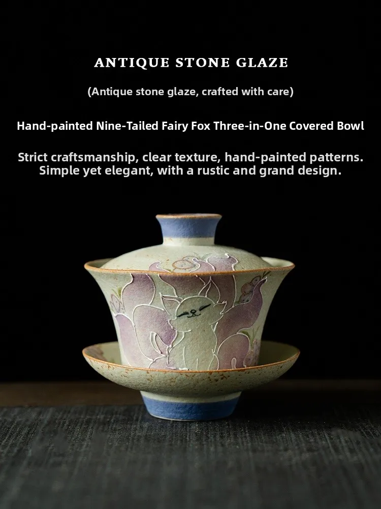 

Hand-Painted Ceramic Tea Bowl Lid Cup Set for Women Tea Brewing Bowl Three Elements Cover Cup Anti-Scalding Tea Set