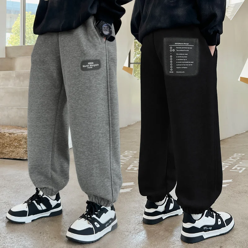 Korean Kids Child Autumn Sports Pencil Pants Knitted Cotton Sweatpants For Boy Black Gray Color Sporty Trousers Age 5 To 14 Year