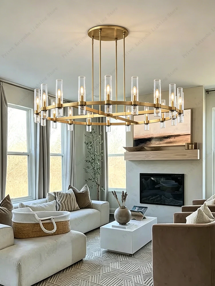 Modern Brass Color Round Chandelier Clear Glass Cylinder 24 Lights E14 Gold Suspension Hanging Lamp for Living Room Dining Room