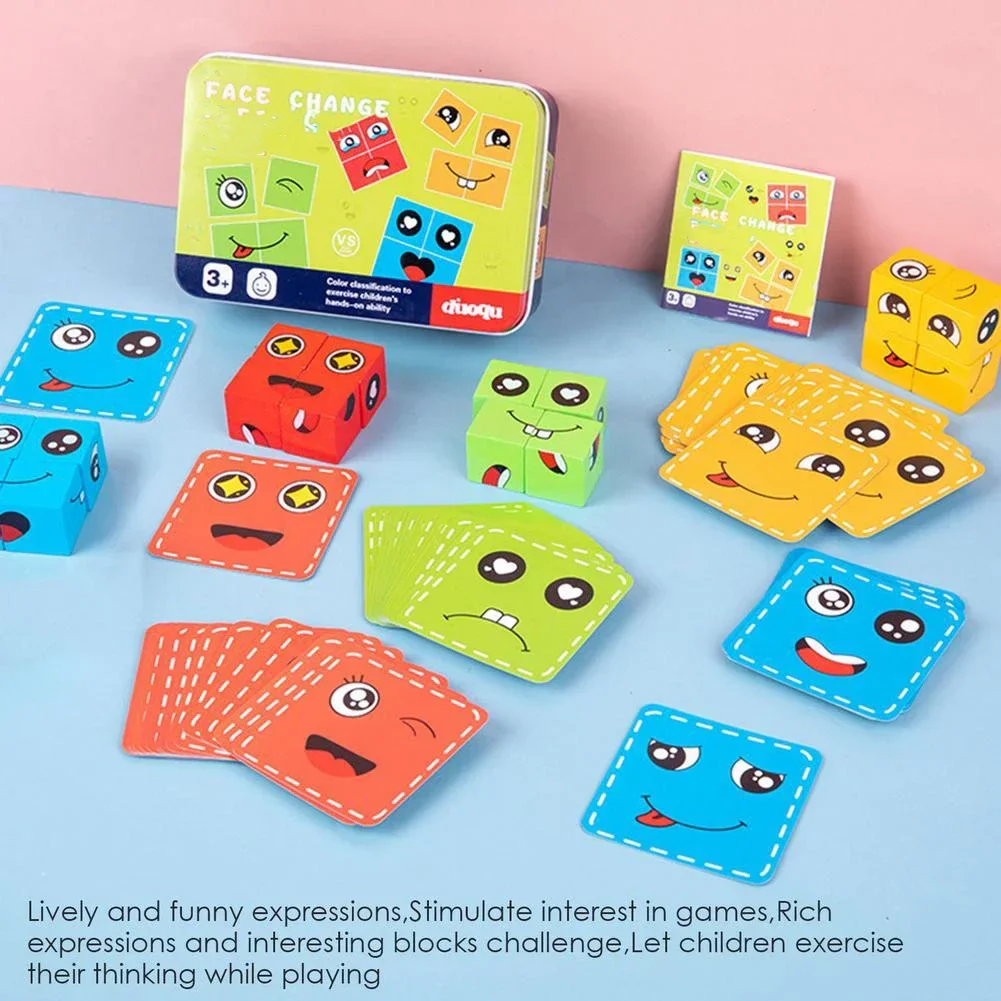 Kids Montessori Toy 64 pcs Cards of Emoticon Puzzle Face Change Cubes Wooden Toys Building Blocks Educational Game for Children