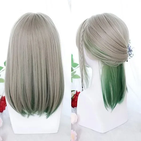 Lolita Long Gray Mixed Green Straight a Role-playing Braid Synthetic Hair Wig