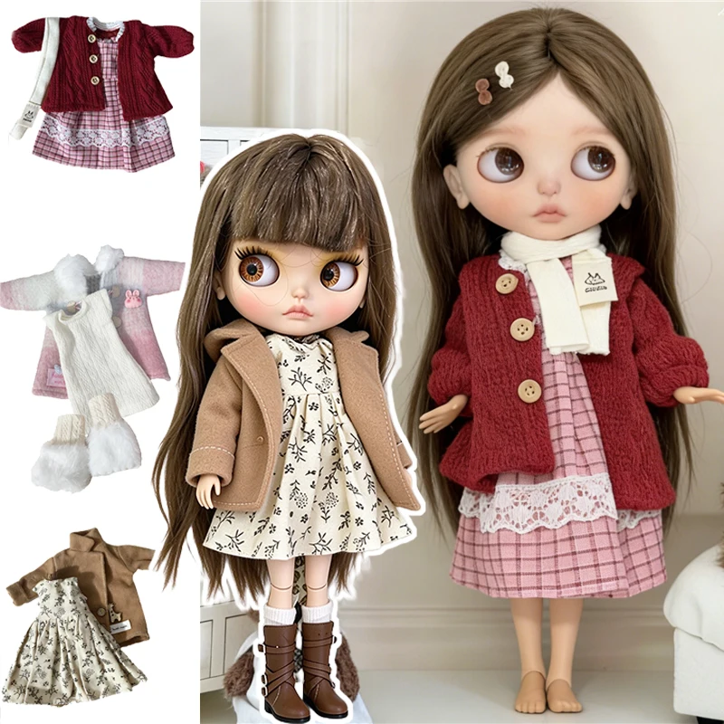 For Blythe Doll Winter Pink Coat Outfit Clothes Cute Skirt Lace Maid Princess Dress Cat Pants Clothing OB24 OB22 1/6 Accessories