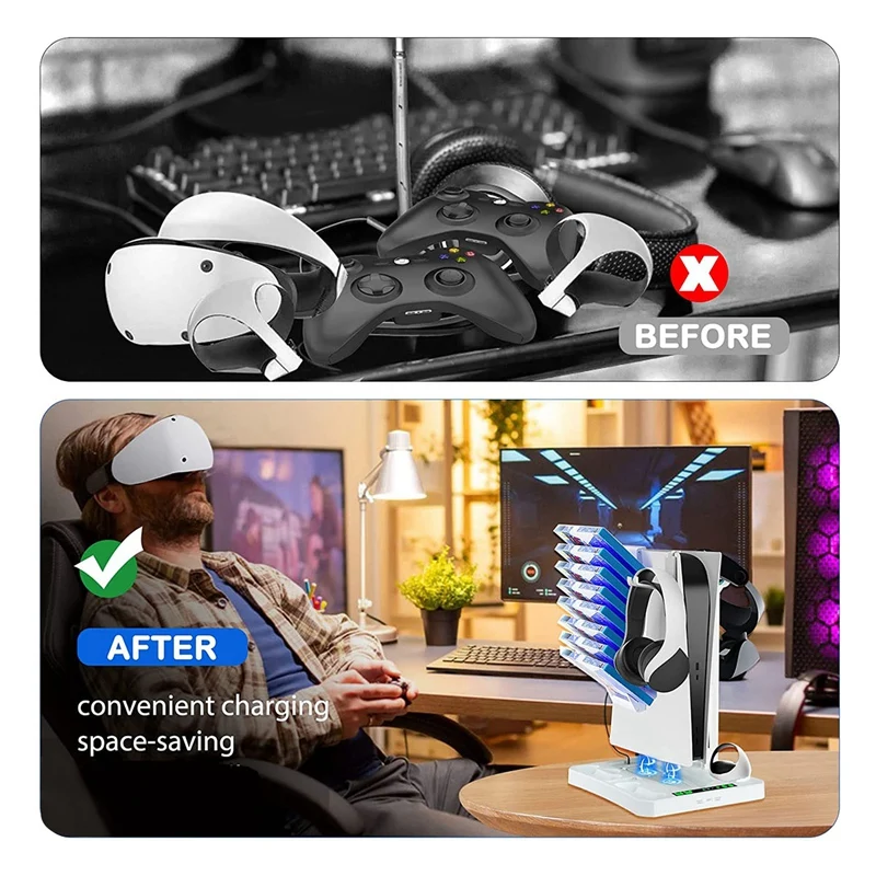 For PS VR2 PS5 Charging Station With Cooling Fan, VR Charging Display Stand With Headset And Game Storage Holder White Parts