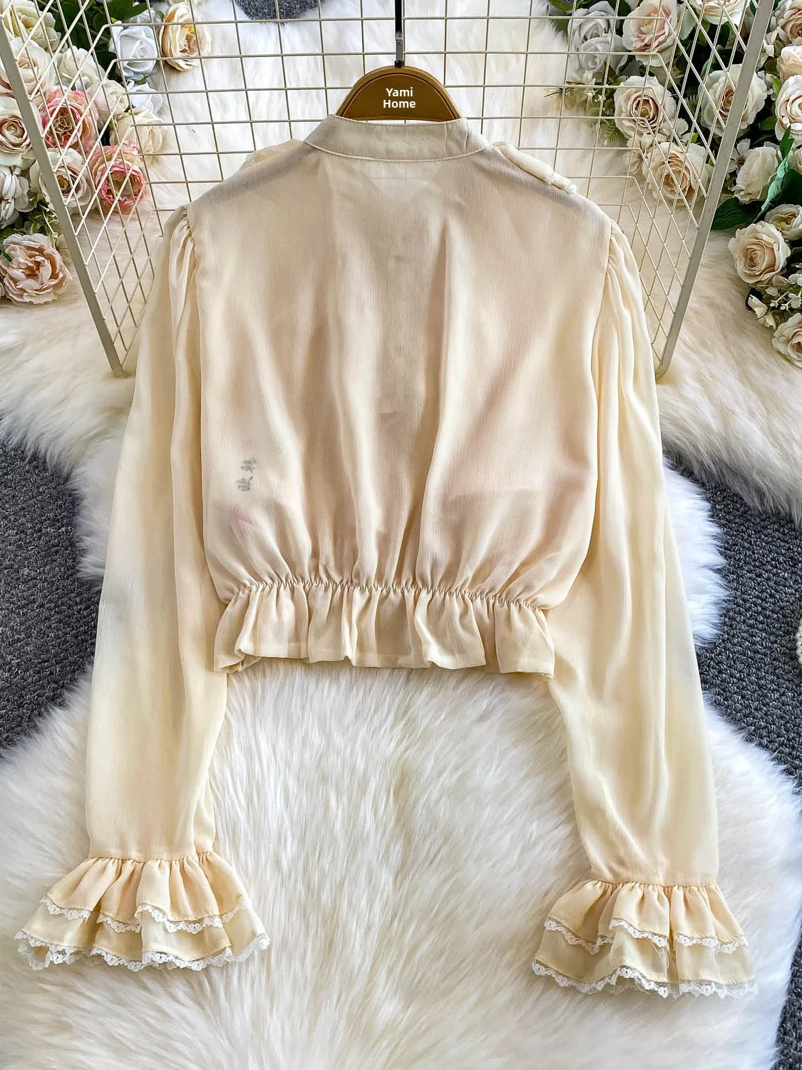 Csa E com Mangas de Renda para Mulheres, Top Curto com Laço de Borboleta, Ajuste Solto, Decote Redondo, Manga Longa