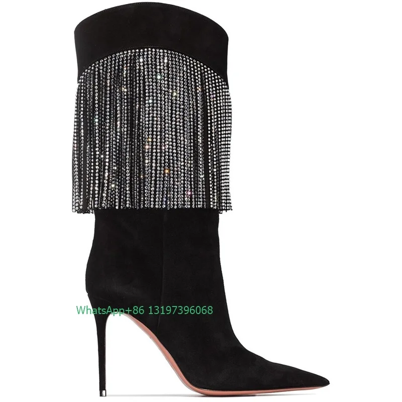 Lady black rhinestone tassels suede calf boots pointed toe stiletto heel tassels design bling demand boots high heels summ fall