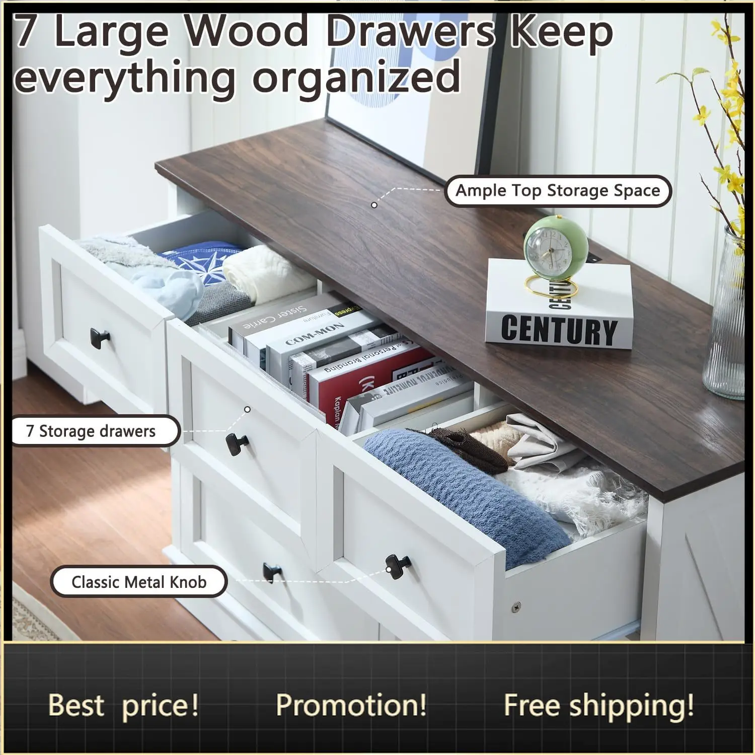 

7 Drawers Dresser, Farmhouse Dresser Chest of Drawer for Bedroom, Modern Wood Drawers Dressers with Charging Station, Chest of D