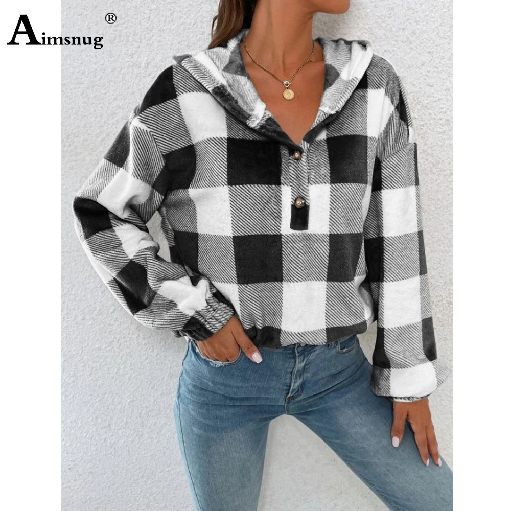 Aimsnug Ladies Fashion Leisure Model Plaid Sweatshirt 2023 New Autumn Casual Retro Top Streetwear Women's Loose Knitted Hoodies