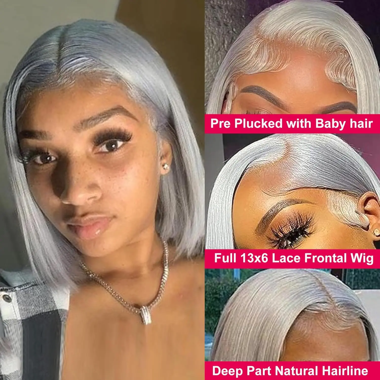 Grey Color Full 13X6 Bob Lace Frontal Wig Human Hair Straight Transparent Lace Front Wigs 180 Density Pre Plucked With Baby