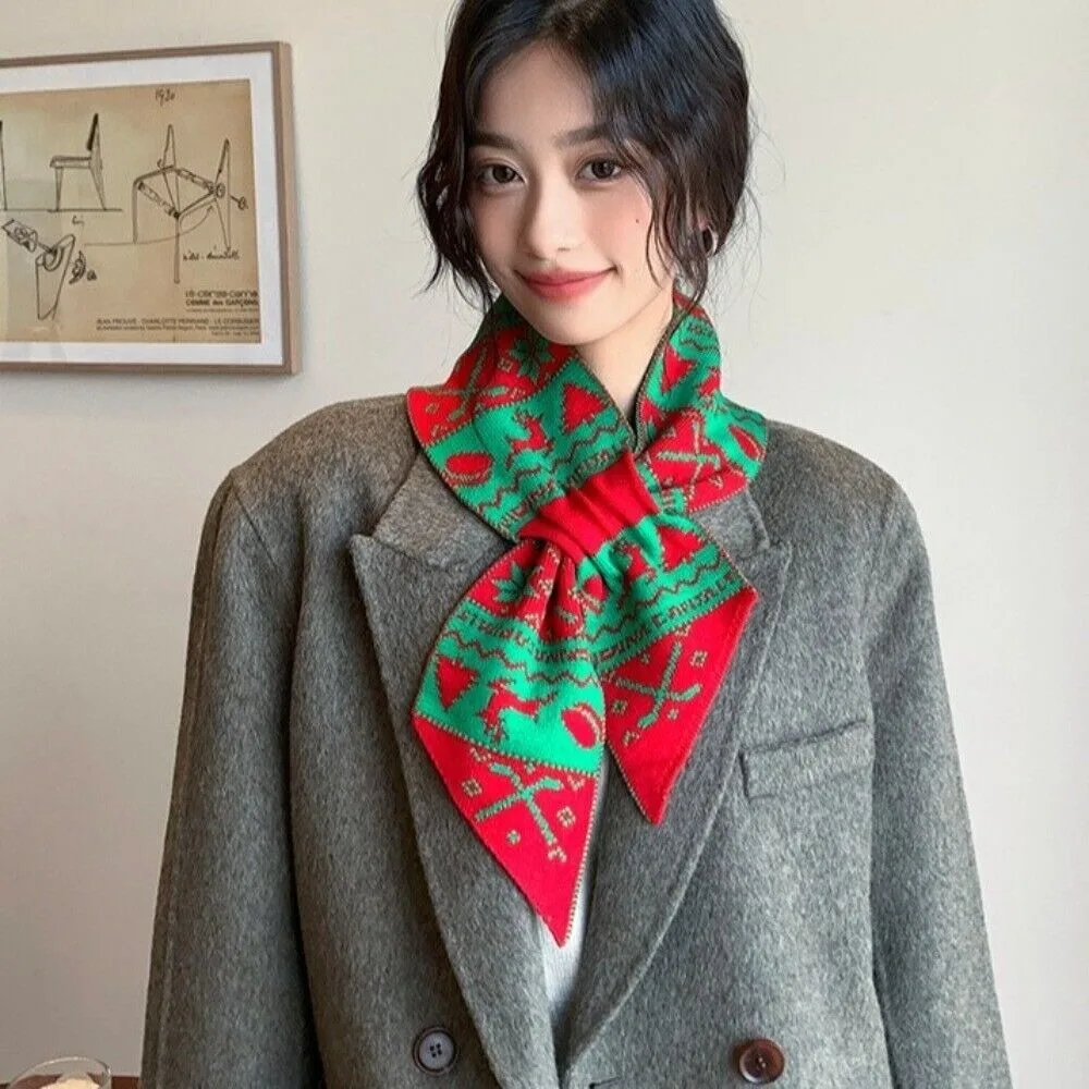 New Cute Deer Women Scarf Casual Bow Tie Jacquard Woolen Neckerchiefs Korean Style Crochet Winter Knitted Scarves Female