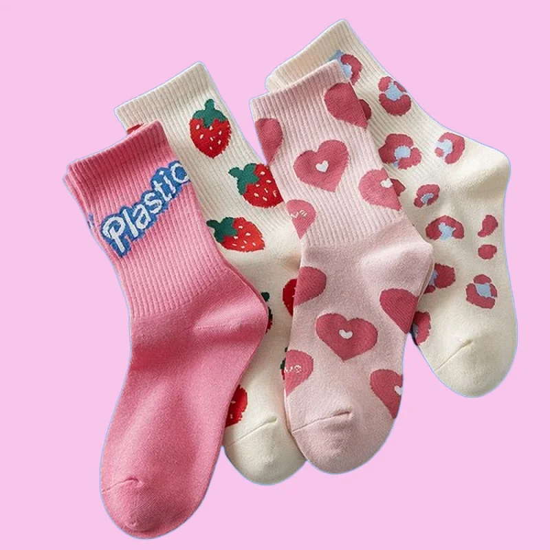 

4/8 Pairs New Women's Fashionable All-match Socks Fruits Heart Cute Middle-tube Socks Spring Autumn Pink Letter Strawberry Socks