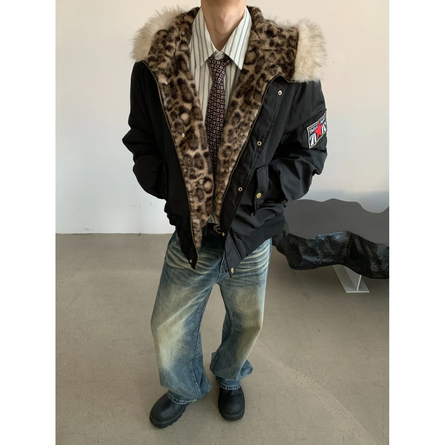 

Retro American Leopard Print Men's Parka Coat Cotton Jaet Street Sle Winter Hooded Coat Thiened Polyester Inner