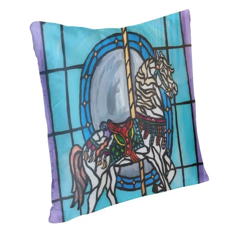 Stained Glass Carousel Horse Cushion Cover 45x45cm Decoration 3D Print Throw Pillow for Living Room Double-sided