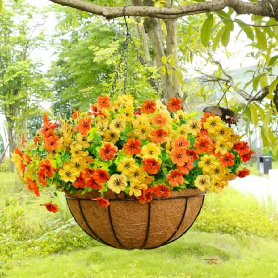 

Outdoor fall decor: 14-inch artificial hanging baskets with 36 lifelike silk mums in orange and yellow, weather-resistant plast