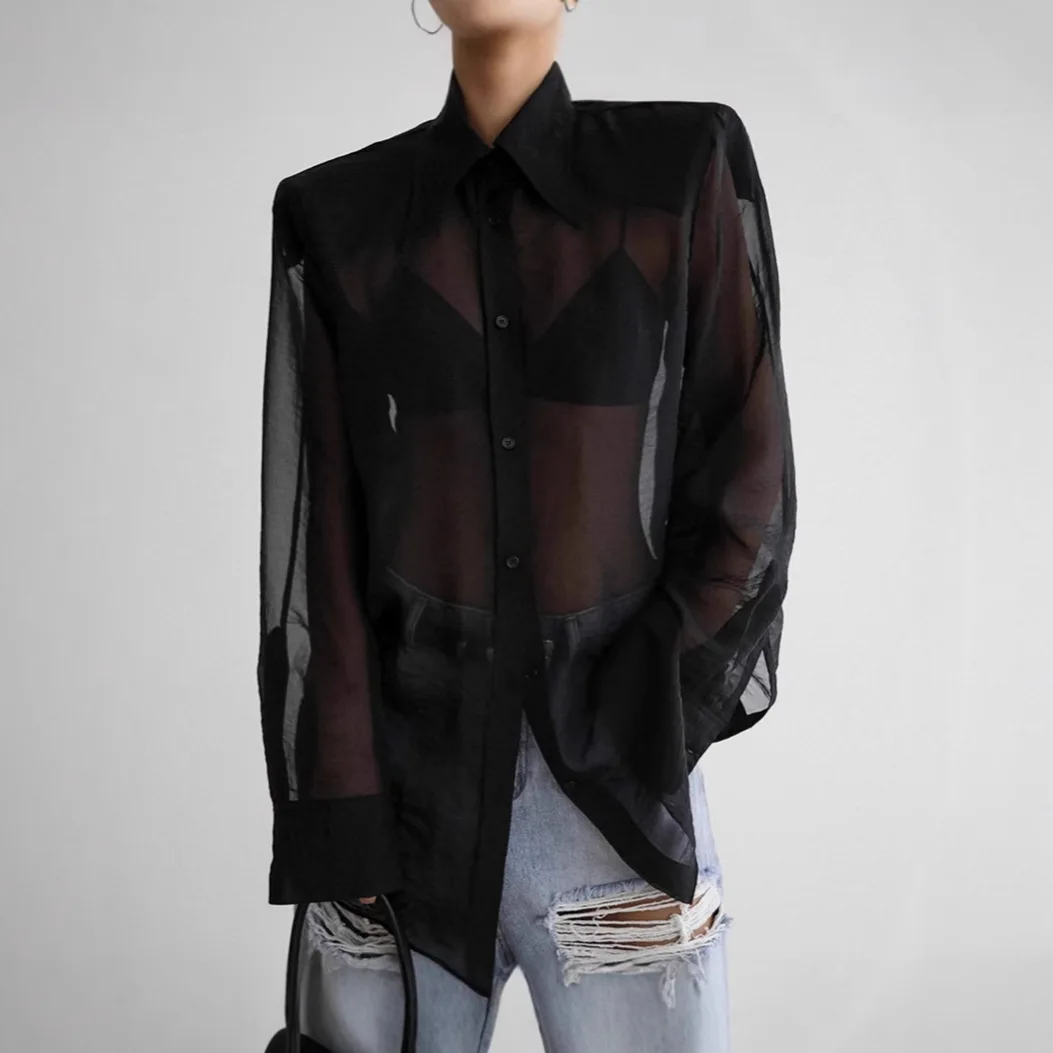 

Sexy See Through Mesh Shirt Women Long Sleeve Turn Down Collar Loose Tops 2026 New Temperament Chic High Grade Party Club Blouse