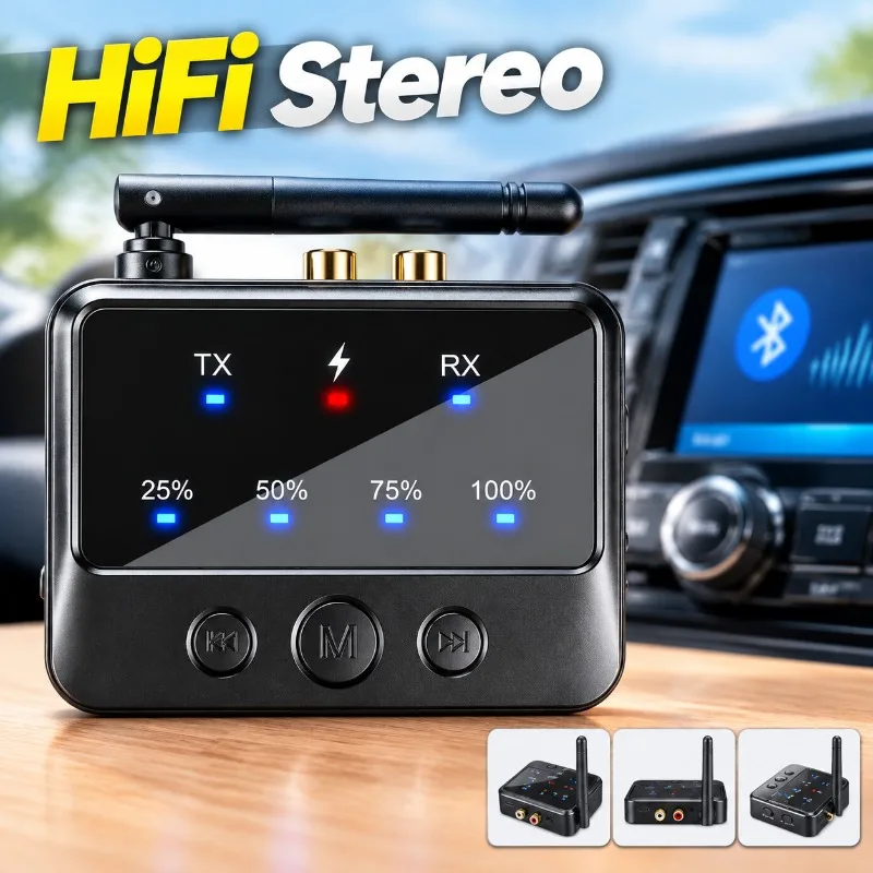 2-in-1 Car Audio Adapter Bluetooth-compatible Receiver Transmitter HiFi Stereo RCA Port with Button Song Switching for Home Car