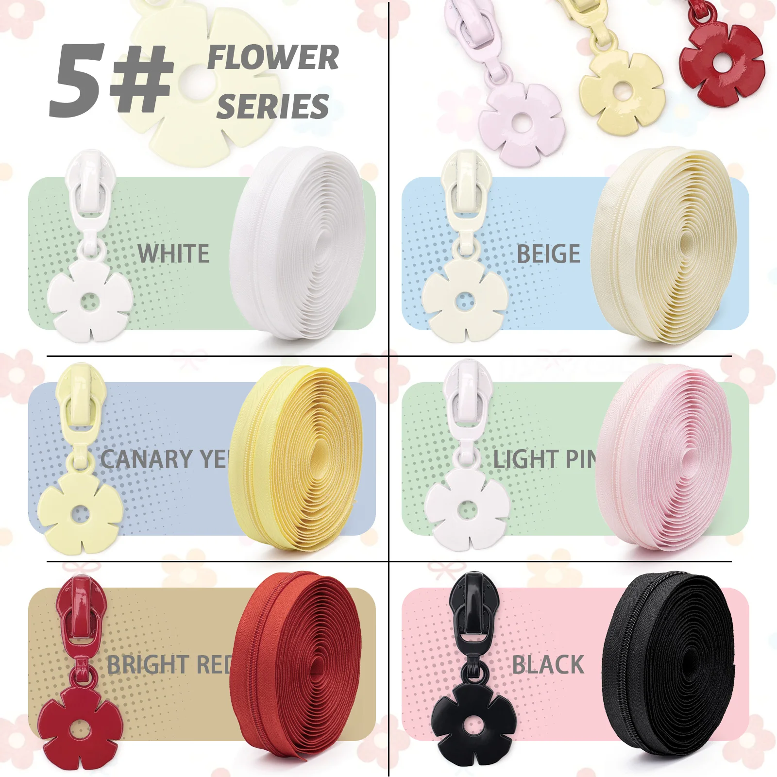 【 # 5er-Set Nylon-Reißverschlüsse & Blockblumen-Reißverschlussziehgriffe】 1 Set = 5 Yards (177,16 Zoll) Reißverschluss + 10 farblich passende Reißverschlussziehgriffe