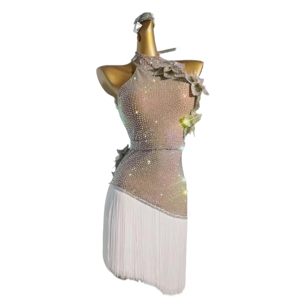 라틴 댄스 대회 여성 하이 엔드 맞춤형 어린이 전체 다이아몬드 꽃 술 룸바 차 탱고 블랙 풀 드레스