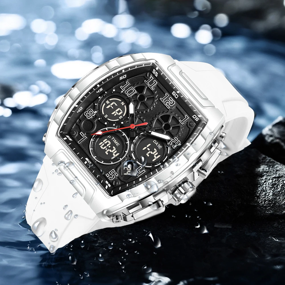 

Foxbox Men Sports Digital Wrist Watches For Male Clock Dual Display Man Tonneau Watches Chronograph Luminous Silicone Band Watch