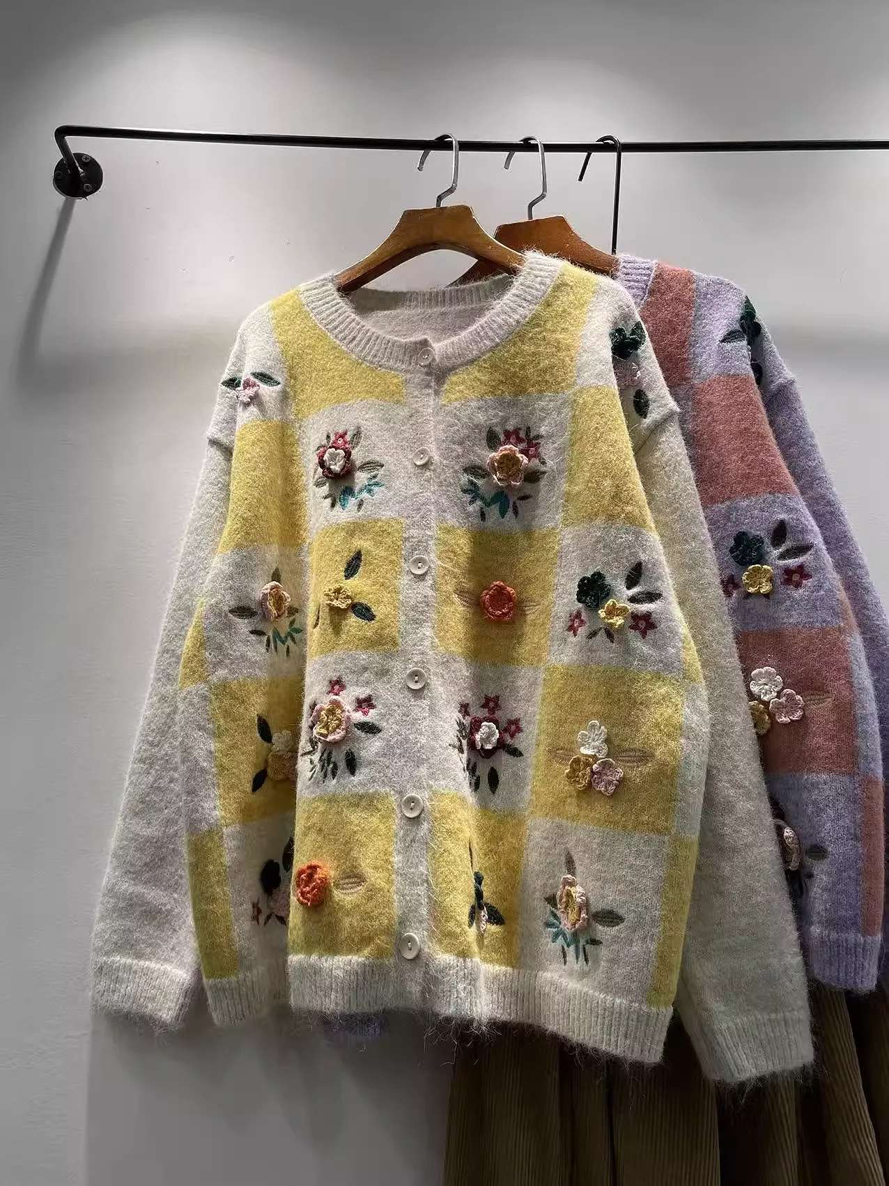 

2026 Mori Kei Clothing Christmas Sweater for Women Japan Style Original Yellow Pureple Plaid Sweater Cardigan Outwear