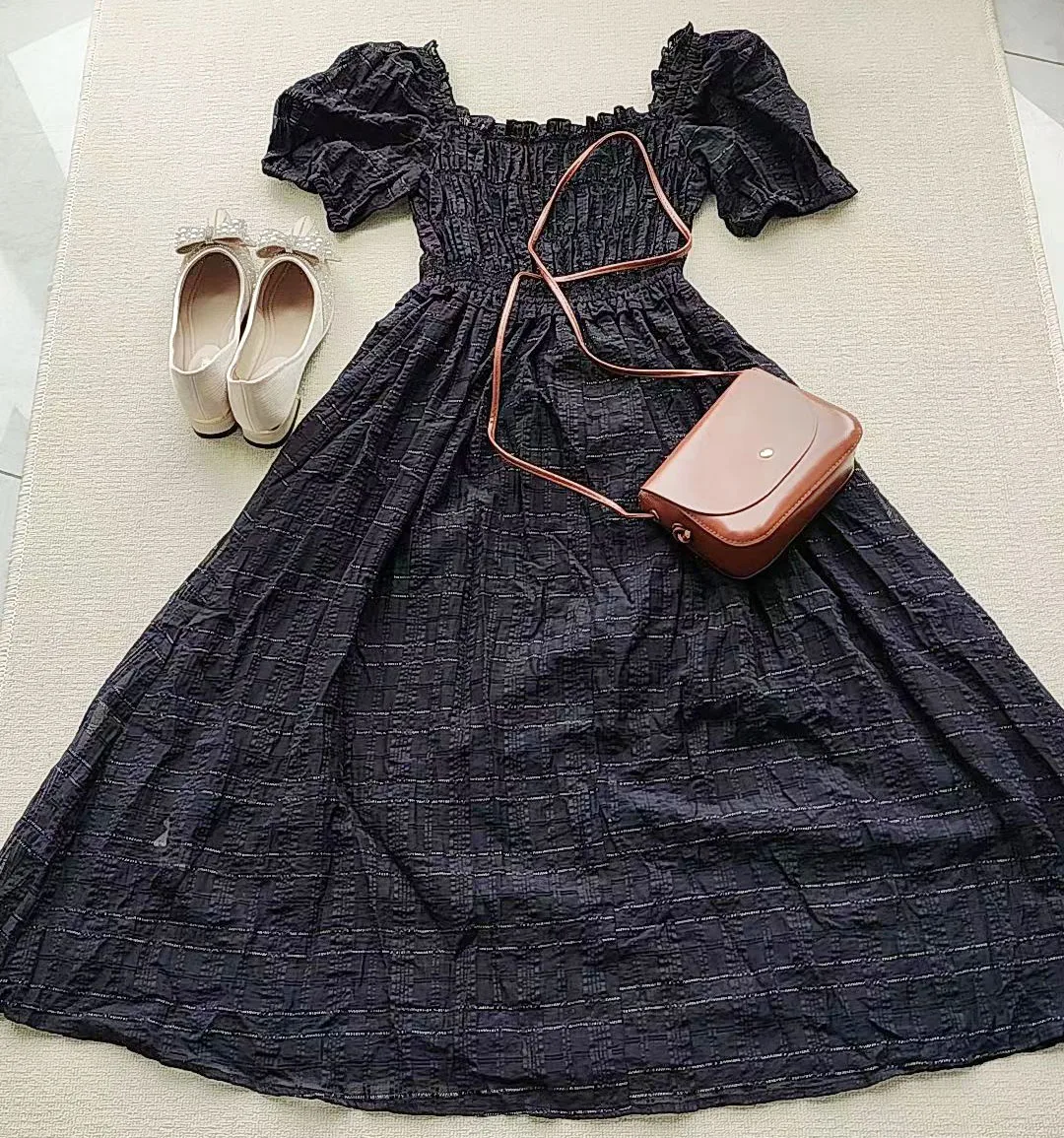 

Black Long Dress 2024 New Women's Summer Elegance Countryside Forest Style Retro Square Collar Age Reducing Waist Slimming Dress