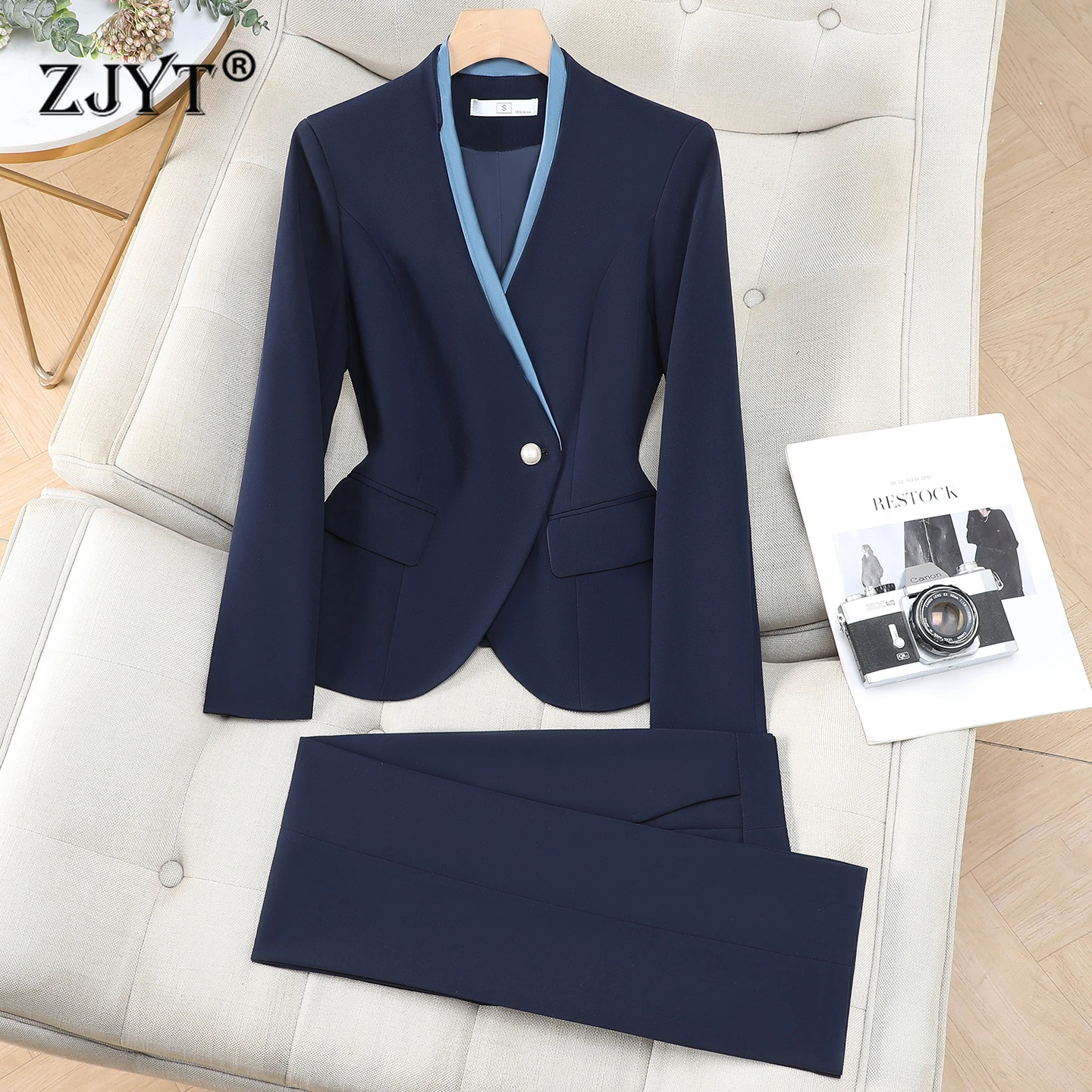 ZJYT Elegant Women's Trousers Suit Blazer and Pants Sets Two Pieces Outfit Blue Formal Office Lady Work Wear Plus Size Suits