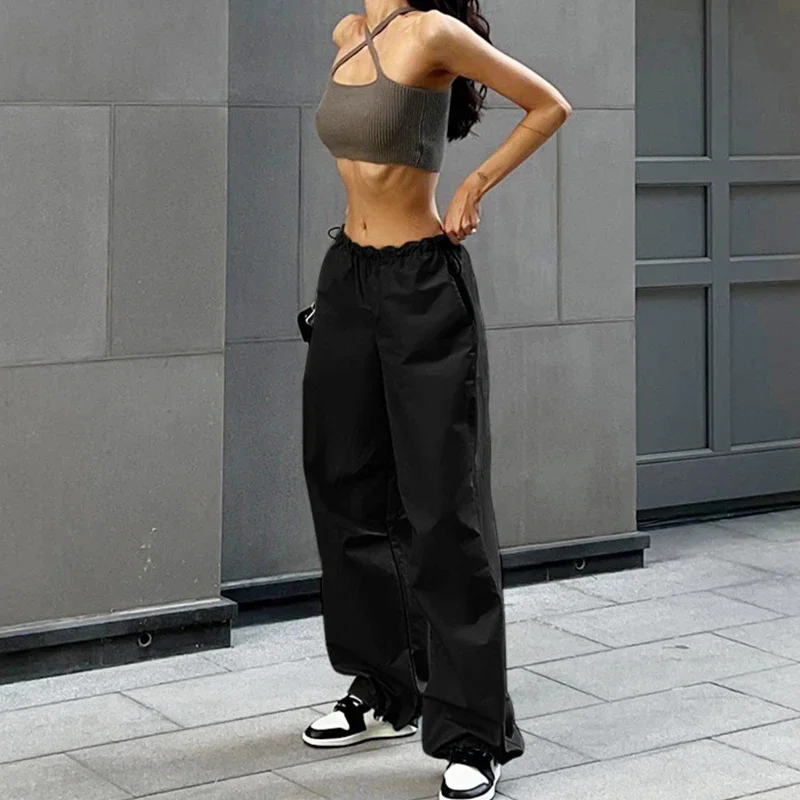 

European and American street fashion trend women's simple loose pants drawstring waist casual workwear pants