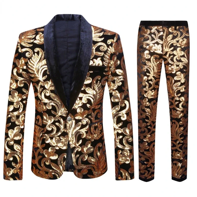 High Quality (Blazer + Trousers) Men\'s Gold Velvet Fashion Elegant Casual Wedding Banquet Party Sequin Costumes Two Piece Set