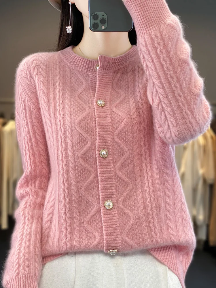New Chic Twist Flower Women Sweater Long Sleeve O-neck Cardigan 100% Merino Wool Soft Warm Cashmere Knitwear Korean Fashion Tops