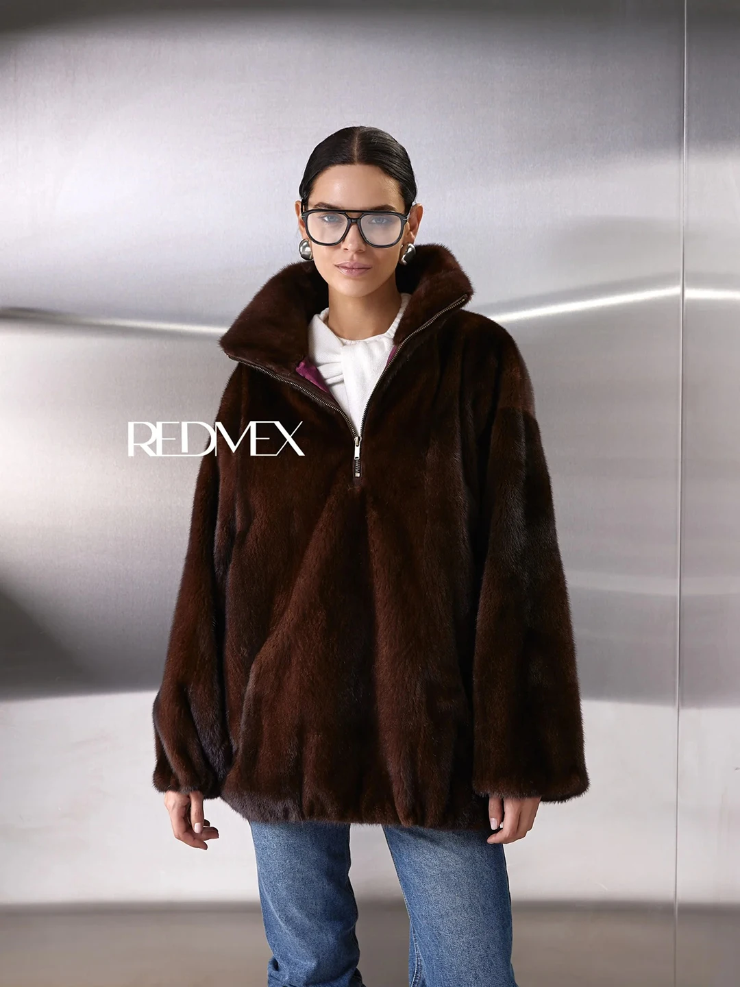 Faux Mink Half Zip Anorak Stand Collar One Size Adjustable Cuffs & Hem Women Soft Loose Warm Winter Daily Fluffy Fur Outerwear