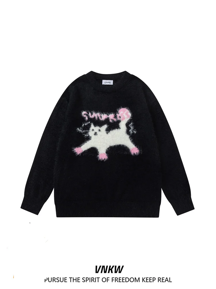 

Retro American College Sle Knitted Sweater Couple Casual Loose Fit V-Ne Long Sve Patterned ex Autumn Wear