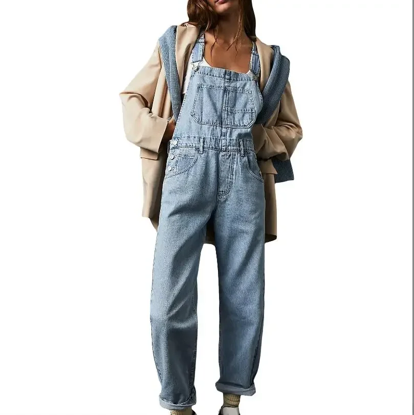 Women Jeans Jumpsuit Rompers New Retro Big Pocket Denim Overalls Fashion Straight Denim Jumpsuits Cross Back Adjustable Strap