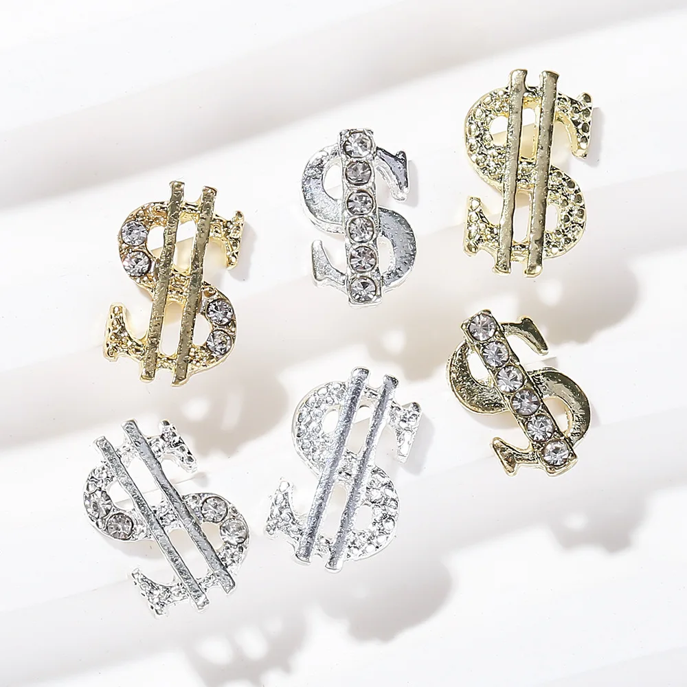 10pcs US Dollar Money Sign Nail Charms Silver Gold Coin Symbol Nail Figures Decoration Rhinestones For Manicure Hip Hop Jewelry