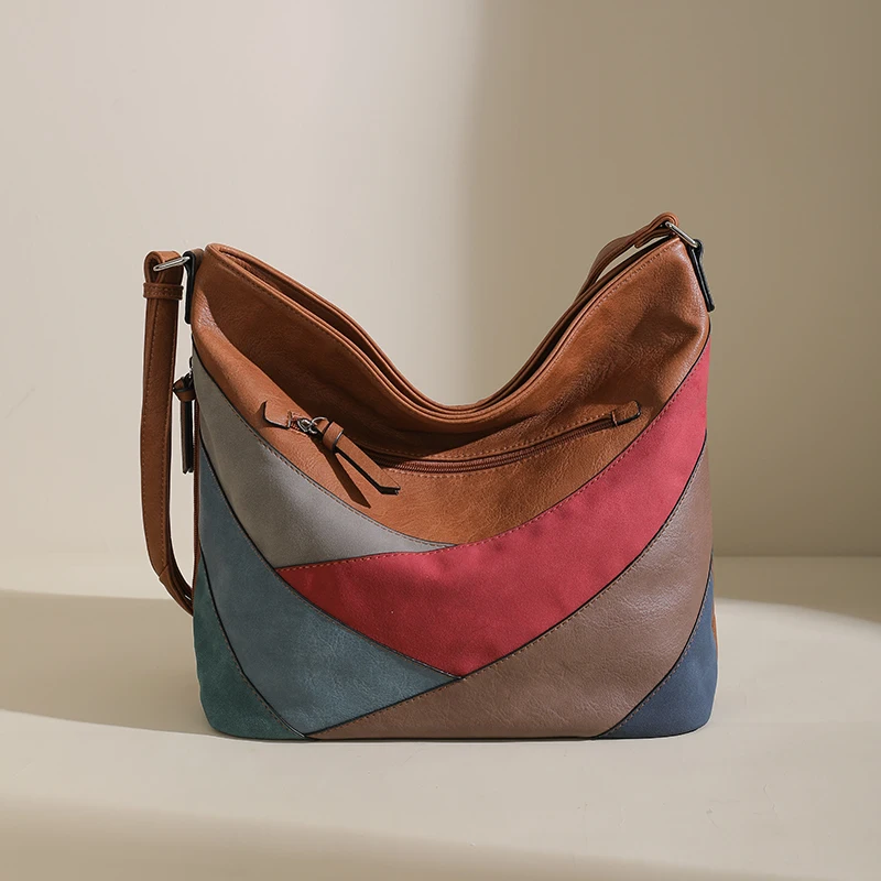 Color block stitching women\'s new fashion PU handbag shoulder bag crossbody bag large capacity bucket bag tote bag