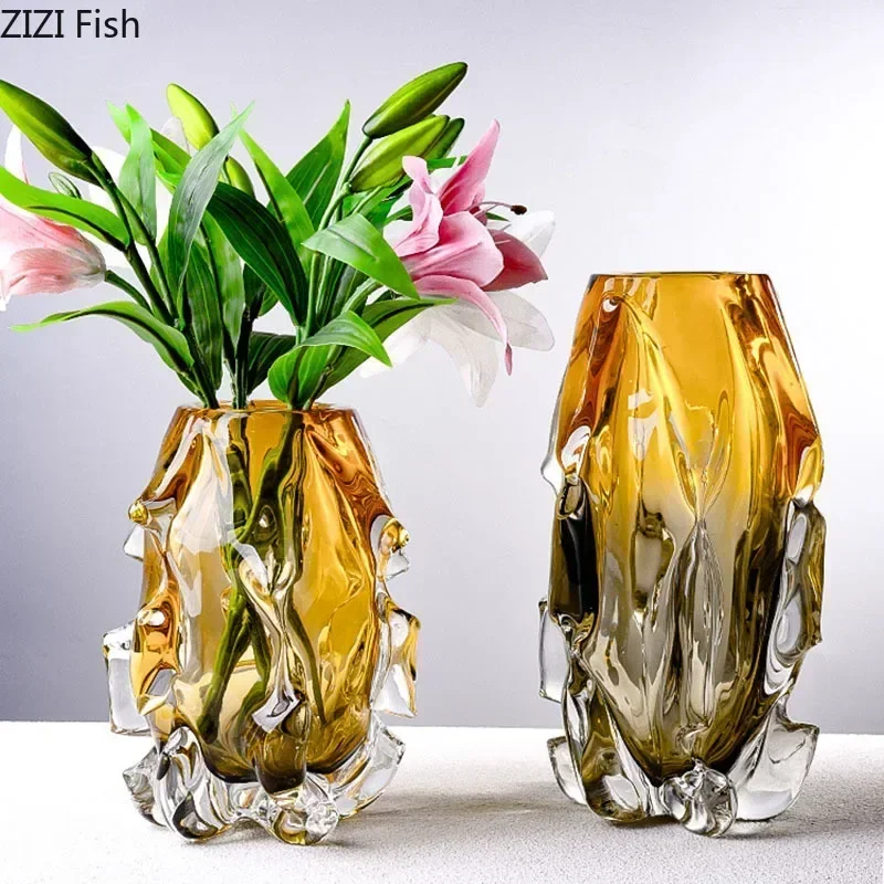 Creative Amber Gradient Glass Vase Hydroponics Flowers Pots Desk Decoration Flower Arrangement Floral Vases Modern Home Decor