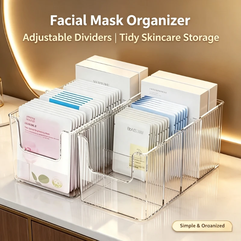 Organizador de Máscaras Faciais com Divisórias Removíveis, Caixa de Armazenamento em Acrílico Transparente com Partição Removível para Geladeira de Maquiagem