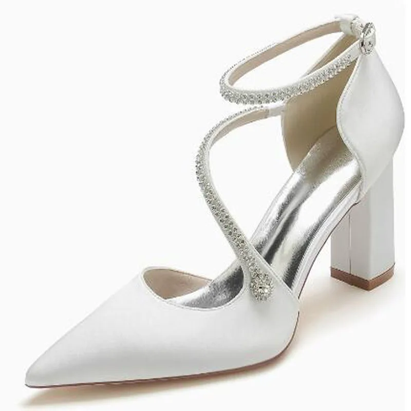 White Satin Z Shape Rhinestone Pointed Toe Block Heel Pumps Women Cover Heel Ankle Strap Bride Wedding Shoes Lady Dress Sandals