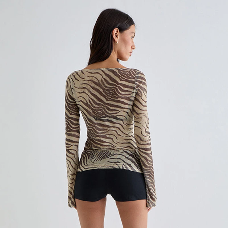 CUTENOVA Fall New Arrivals Women'S Animal Print Lightweight Sheer Loose-Fit Sexy Off-Shoulder Long-Sleeve Slim-Fit T-Shirt Top image 2