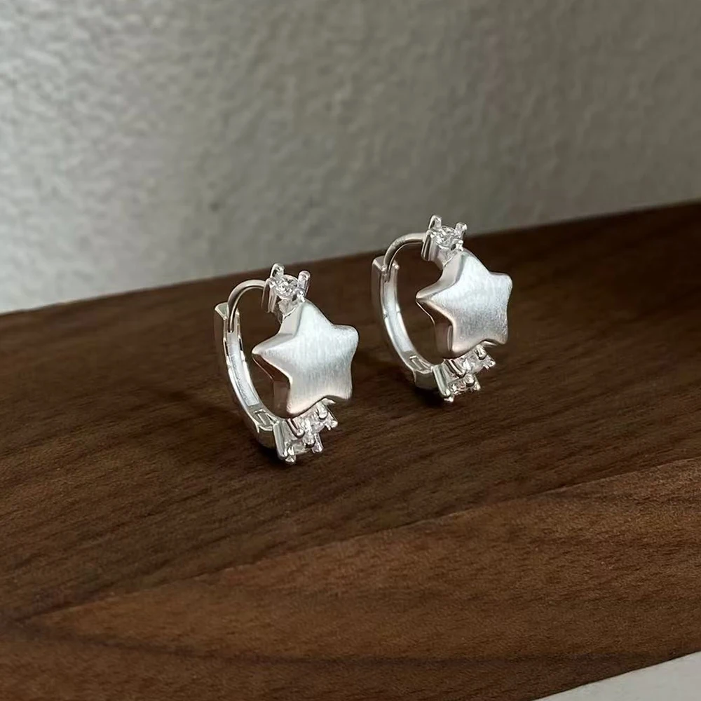 925 Silver Needle Brushed Zircon Star Minimalist Stud Earrings For Women Party Classic Fashion Jewelry Accessible