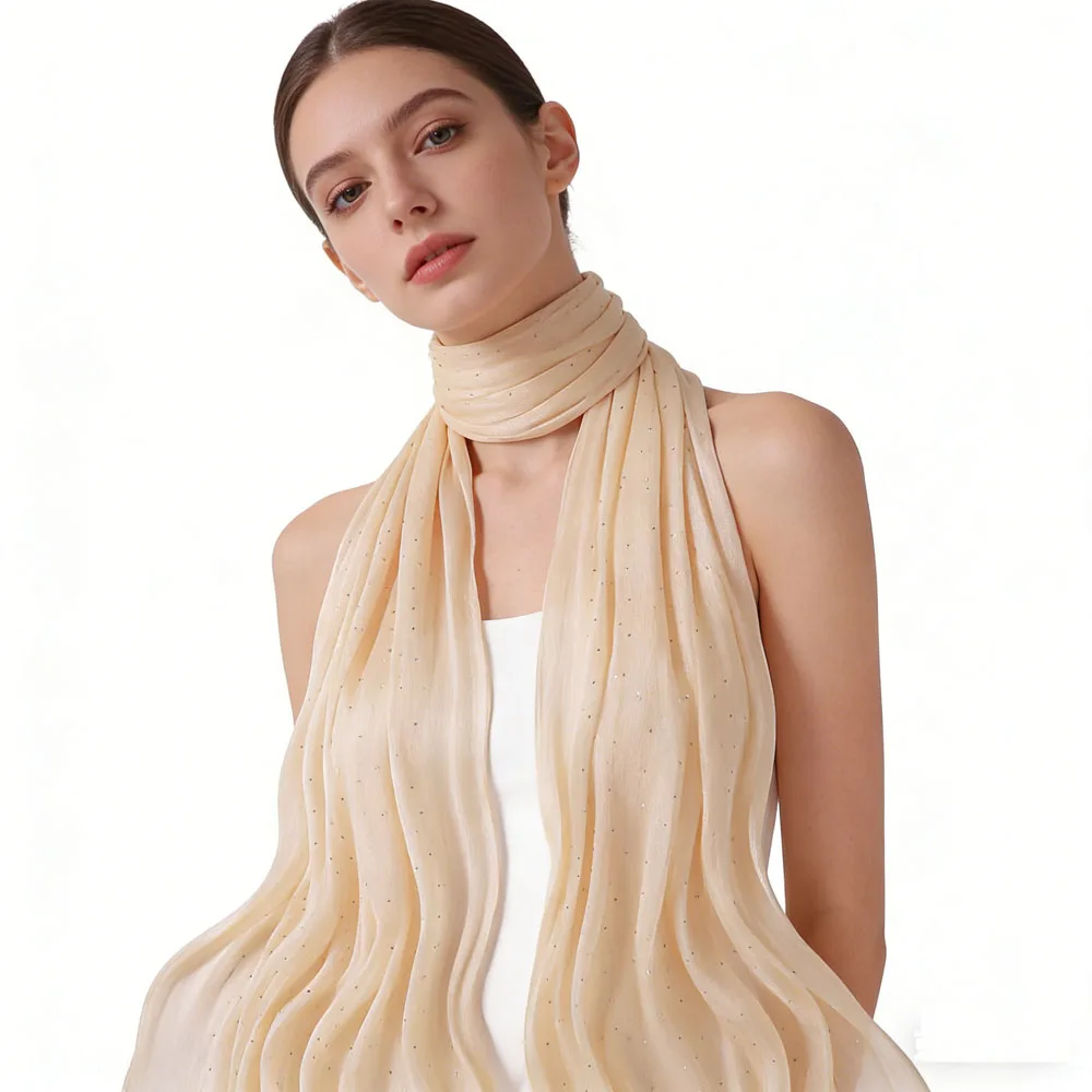 

Новая легкая дышащая шаль из креп-сатина с блестящими стразами для мусульманок, длинный платок-хиджаб, головной убор, фуляр