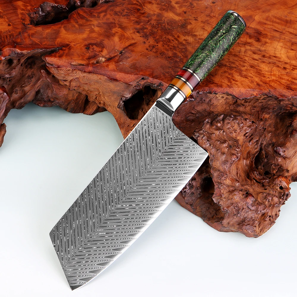 

Japanese 7 Inch Cleaver Knife Damascus Steel Sharp Kitchen Knife,Butcher Knife for Chopping Meat &Veggies,Rice Husk Resin Handle