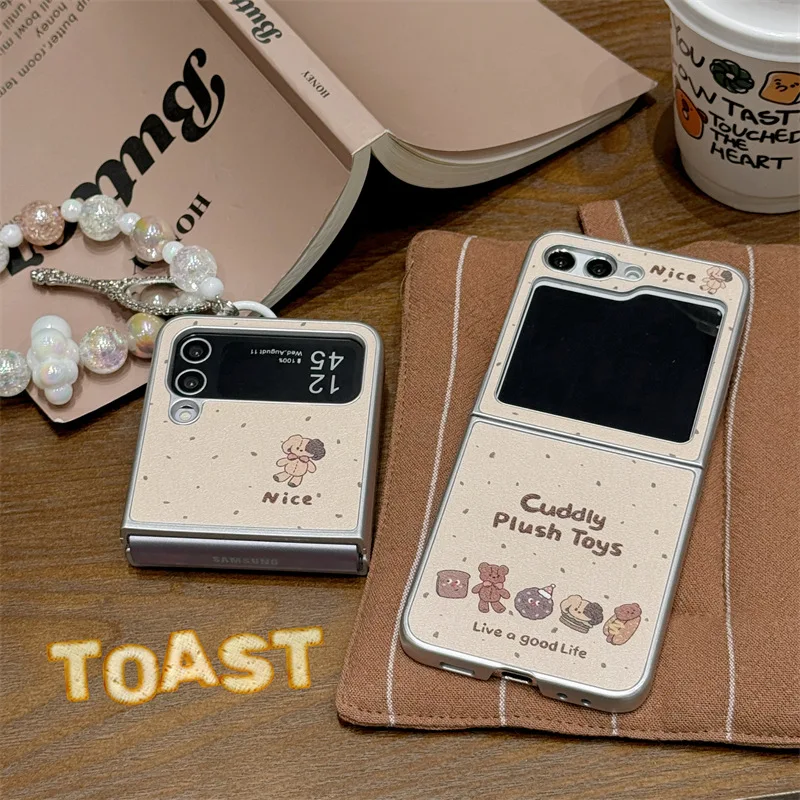 Leather Khaki Cookie Bear Phone Case for Samsung Galaxy Z Flip6 4 3 Hard Cover for ZFlip3 Zflip4 Zflip5 Solid Shell Bracket