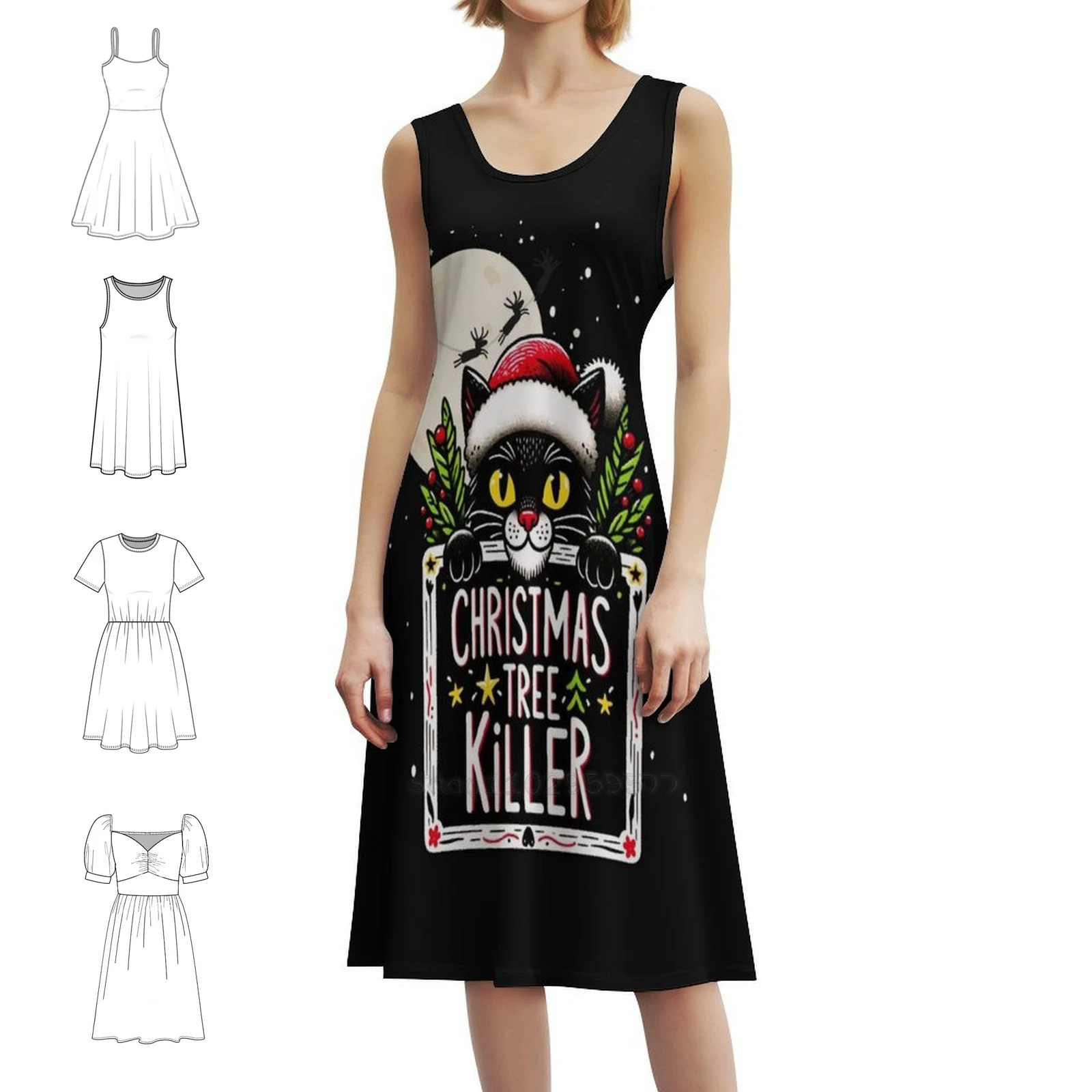 فستان على الطراز الكوري لشجرة عيد الميلاد للنساء، فستان كاجوال أنيق للحفلات أو الارتداء اليومي، Cat Kill Santa Scaredy Cat