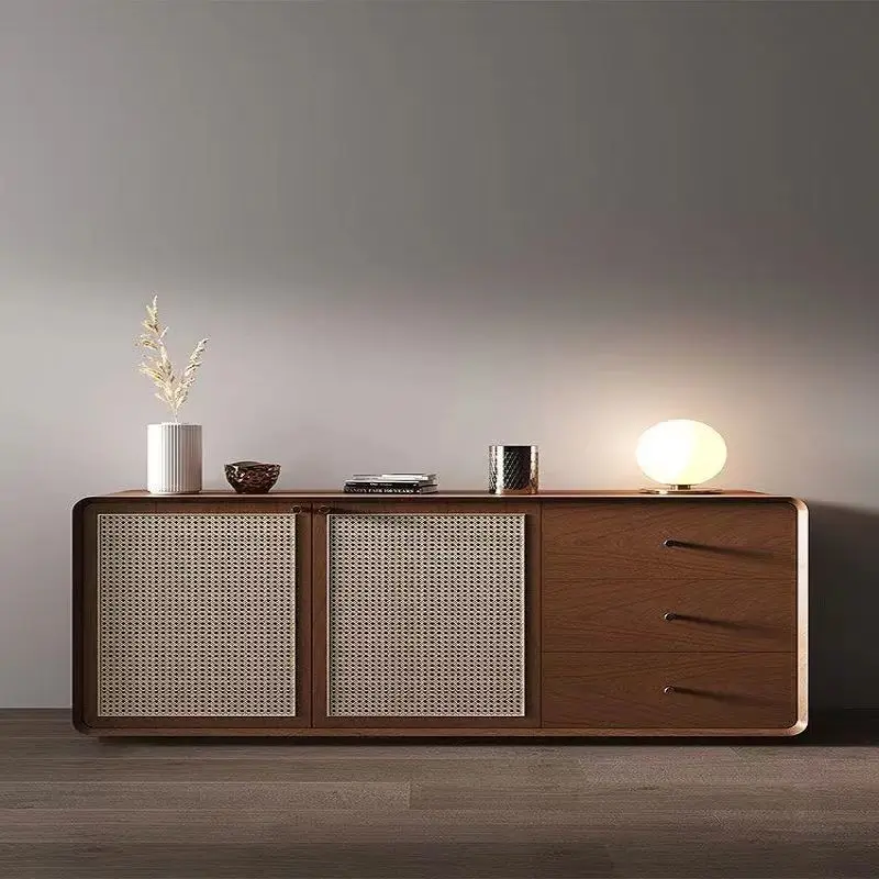 Modern and minimalist dining cabinet, foyer, tea, living room, storage cabinet, household walnut wood bedroom, rattan woven