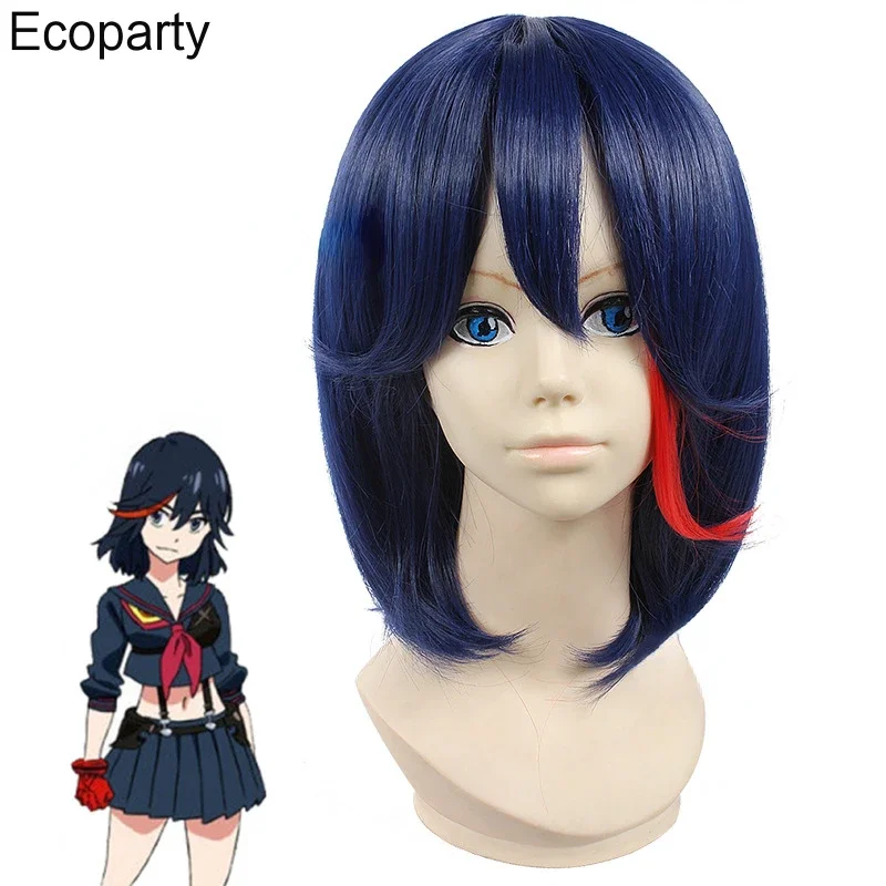 Anime KILL la KILL Double Slash Girl Cosplay Wig Short Blue With RedHeat Resistant Hair for Women Halloween Carnival Wigs Props