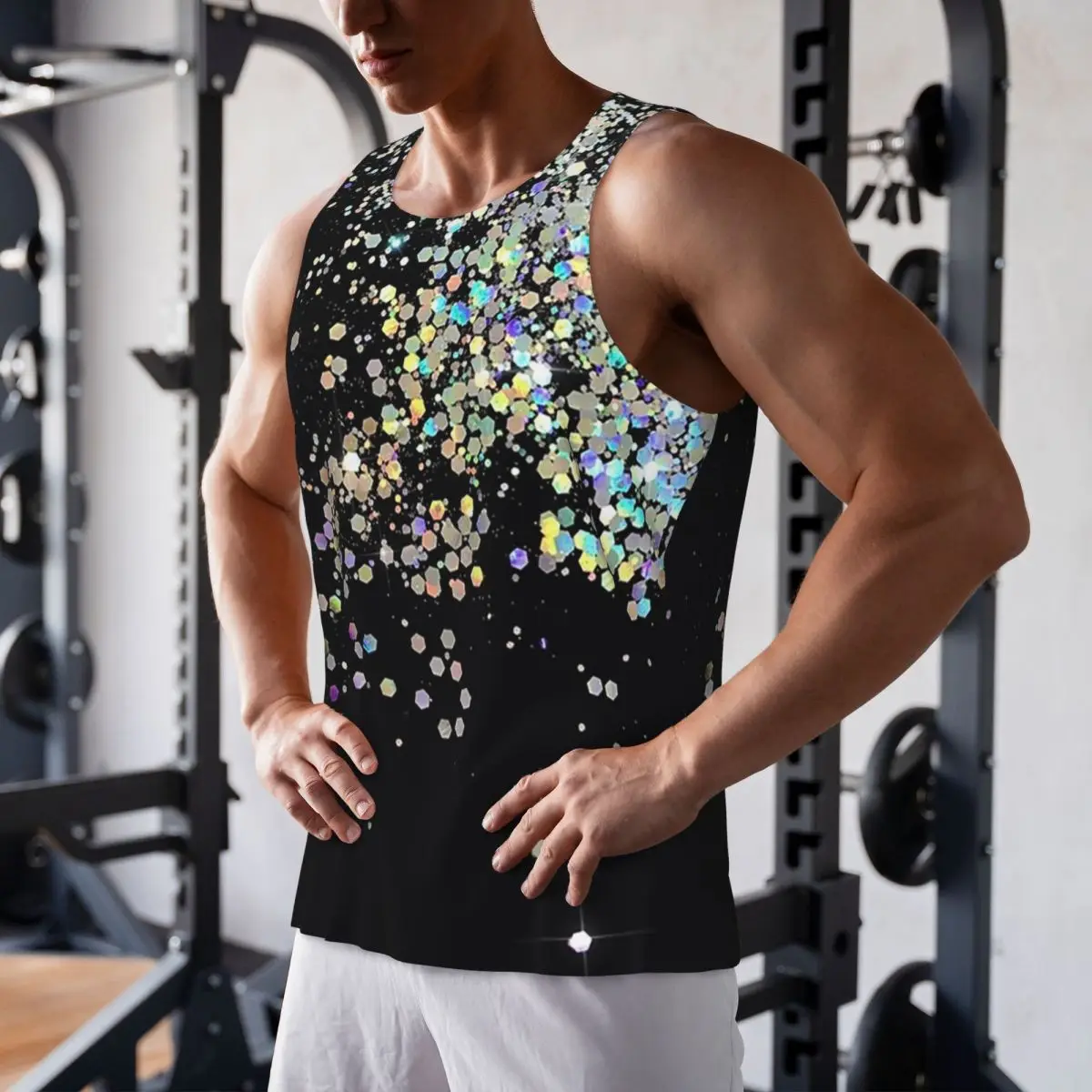

Quick Dry Black And Holographic Sparkle Gym Tank Muscle Sleeveless Shirt Bodybuilding Breathable Vest