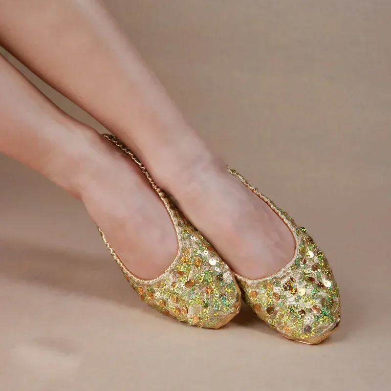 Volwassen Zacht Goud Zilver Lovertjes Oosterse Buik Ballet Dansschoenen Voor Vrouwen Ballerina Gymnastiek Opvouwbare Praktijk Dance Flats