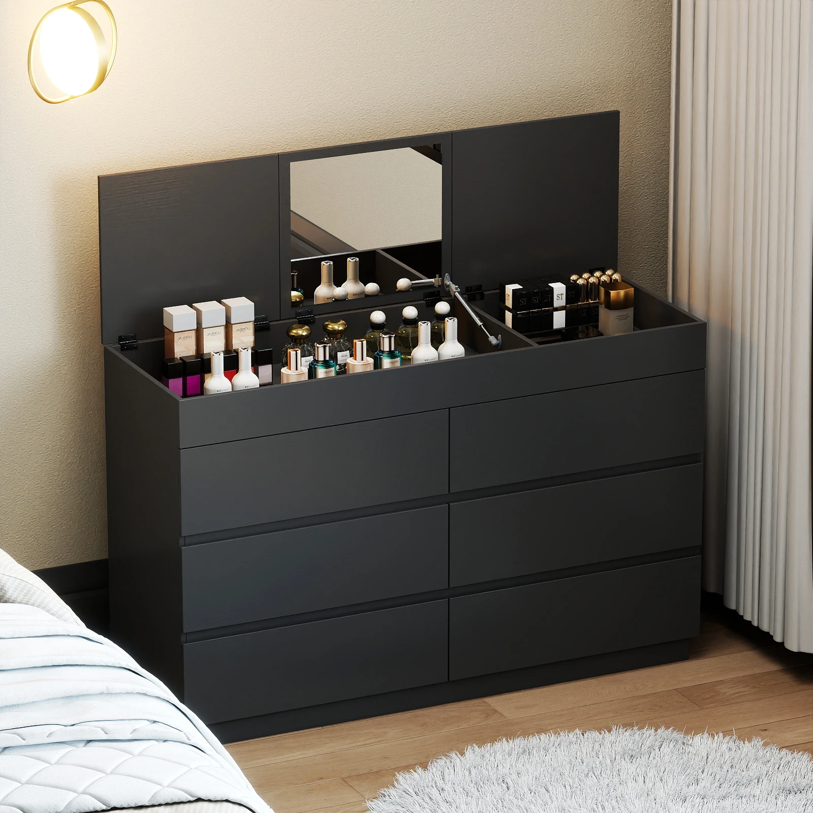 

Black embossed P2 12MM particle board, triamine 120 * 40 * 85.5cm six-draw mirror, drawer cabinet